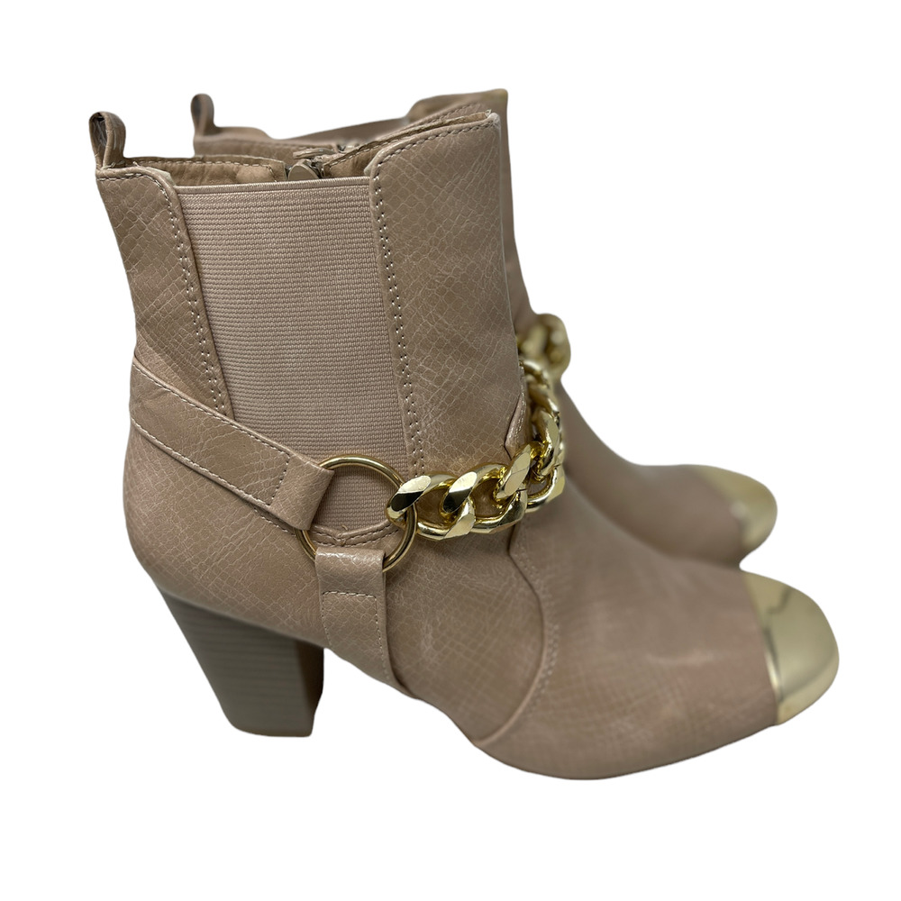 Nude Ankle Boots with Metallic Toe & Gold Chain Accents Size 8 - Picture 3 of 6